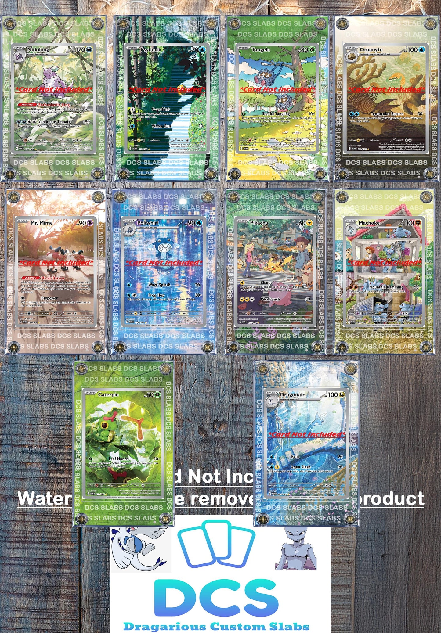 x10 Pokemon 151 IR Custom Display Cases - Nidoking, Dragonaire, Poliwhirl, Psyduck, Tangela, Pikachu, Mr Mime, Machoke, & Caterpie