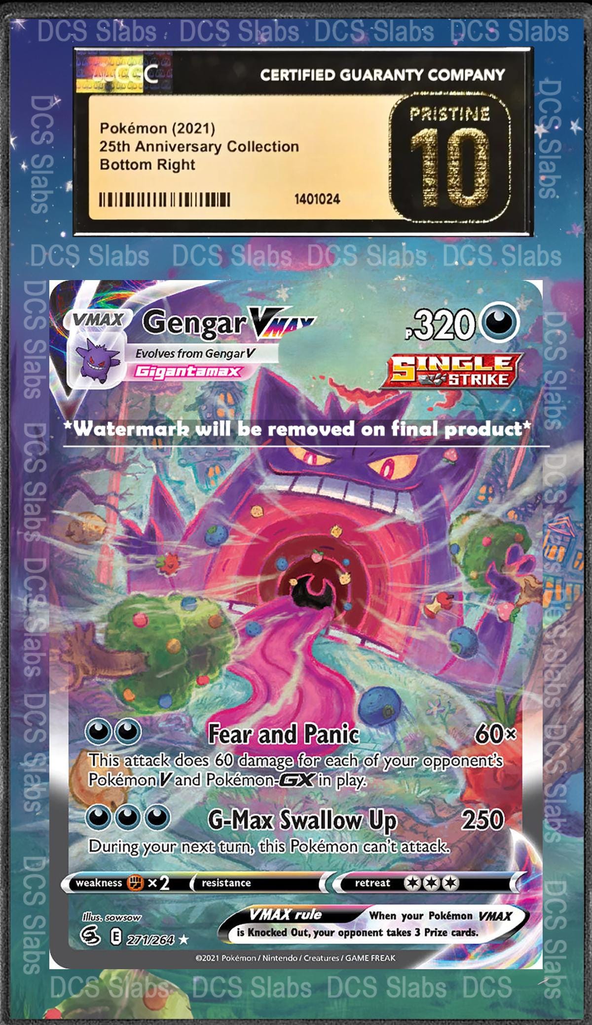 Gengar Vmax Alt Art 271/264 Fusion Strike CGC BGS Display Extended Art for Graded Pokemon Slab