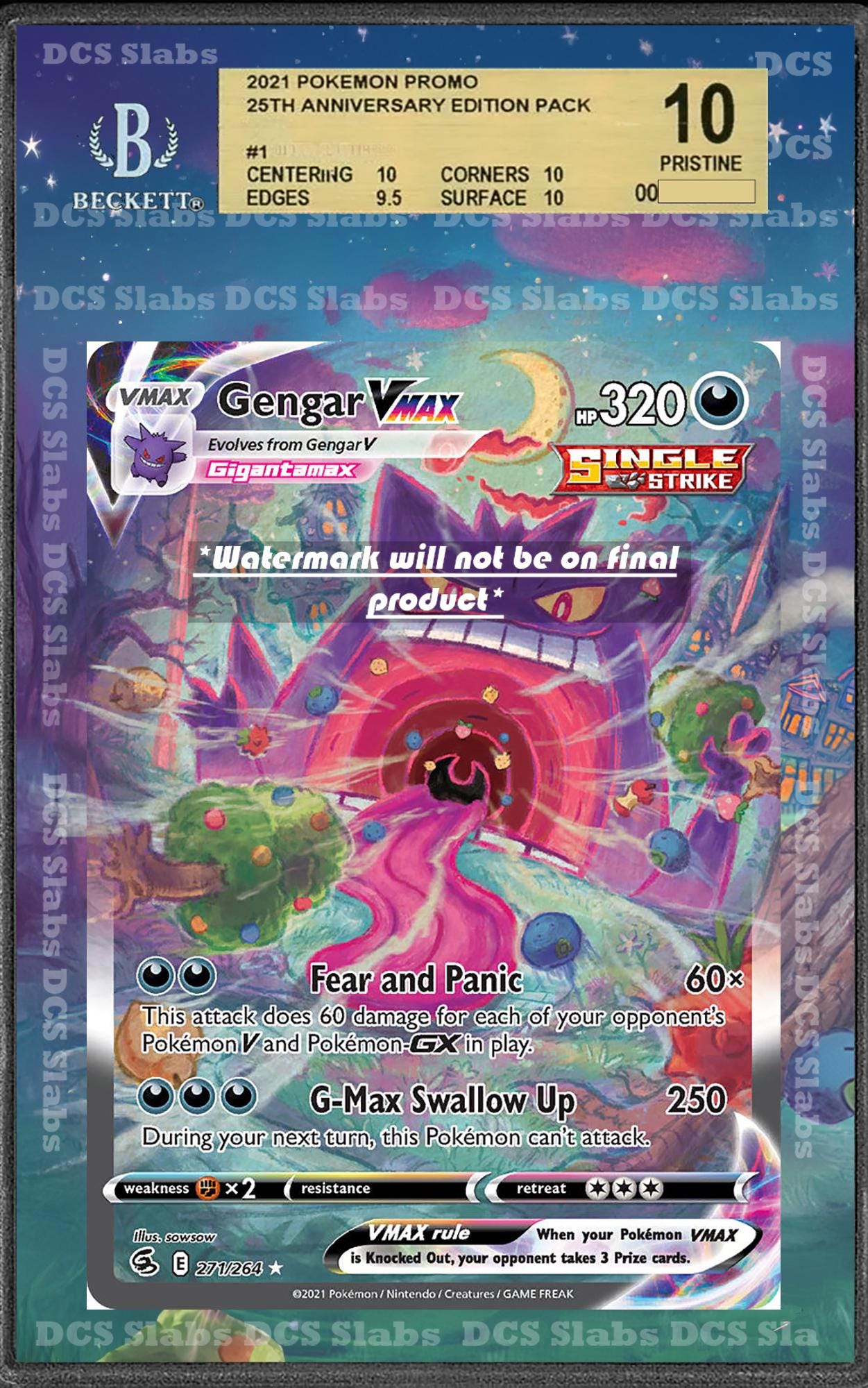 Gengar Vmax Alt Art 271/264 Fusion Strike CGC BGS Display Extended Art for Graded Pokemon Slab